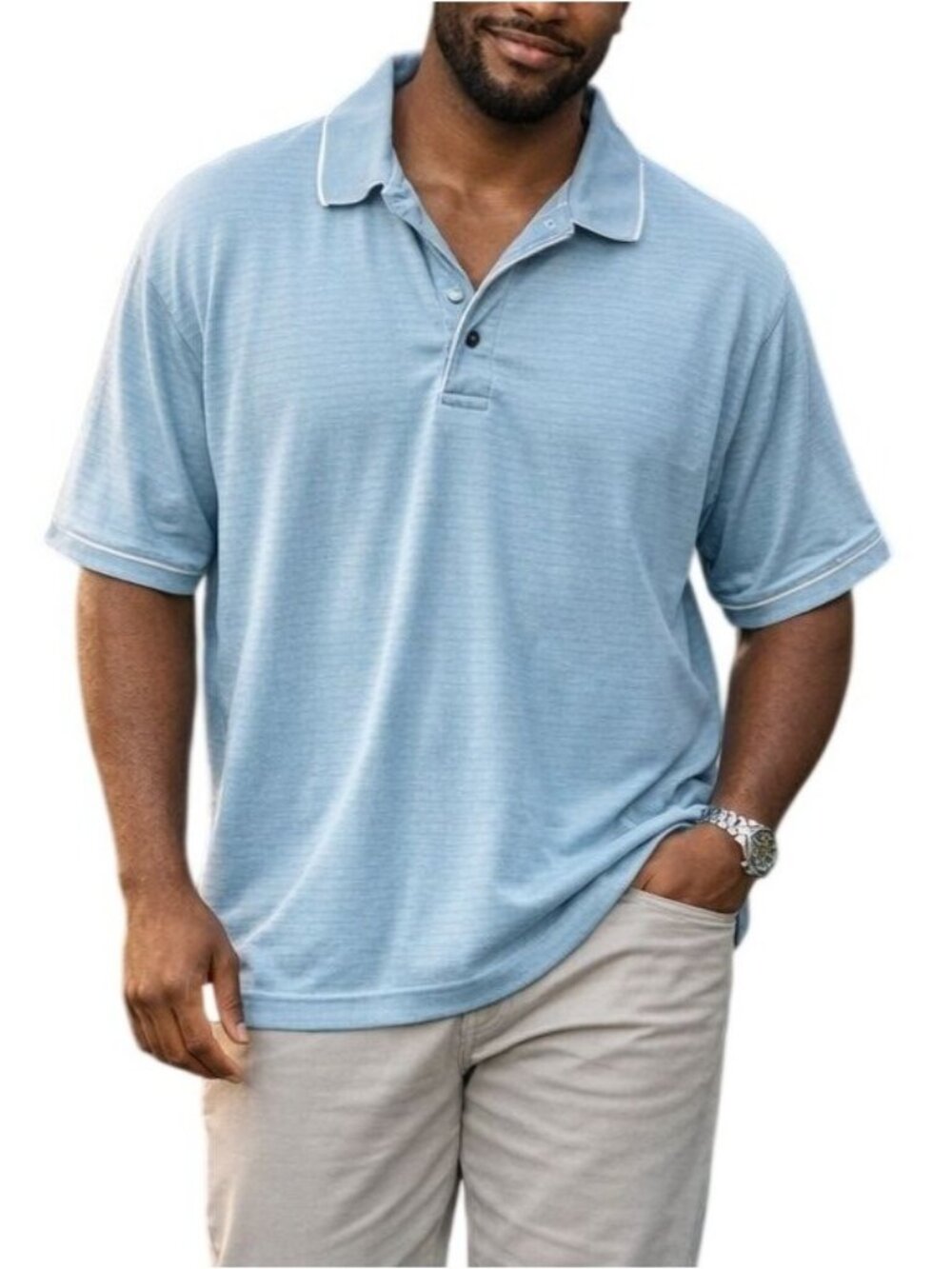 Puritan Mens Plus Size 2XL Polo Shirt Light Blue Collared Striped Short Sleeves